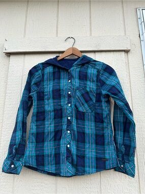 Women Plaid Hooded Roadster Reversible Button-Down Shirt - Blue/Teal Sz Small